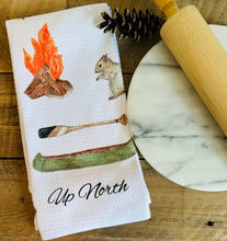Load image into Gallery viewer, Dish towel "Up North" hand painted watercolor illustrated