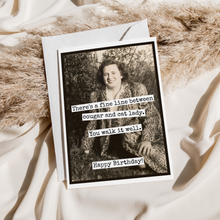 Load image into Gallery viewer, Funny Birthday Card. Fine Line Cougar Cat Lady. Vintage
