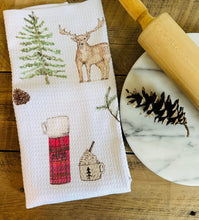 Load image into Gallery viewer, Dish towel "Up North" hand painted watercolor illustrated