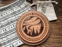 Load image into Gallery viewer, Northern Lights Cribbage Board with Drawstring Bag