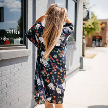 Load image into Gallery viewer, Navy Tropical Birds Tie Front Kimono
