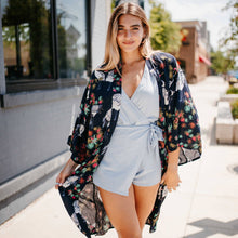 Load image into Gallery viewer, Navy Tropical Birds Tie Front Kimono
