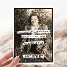 Load image into Gallery viewer, Funny Birthday Card. Fine Line Cougar Cat Lady. Vintage
