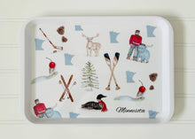 Load image into Gallery viewer, Minnesota state icon watercolor illustrated melamine serving tray
