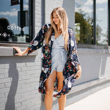 Load image into Gallery viewer, Navy Tropical Birds Tie Front Kimono
