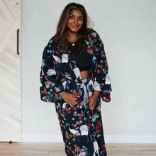 Load image into Gallery viewer, Navy Tropical Birds Tie Front Kimono
