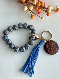 Mama Wristlet Keychain Blue Leopard