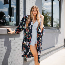 Load image into Gallery viewer, Navy Tropical Birds Tie Front Kimono
