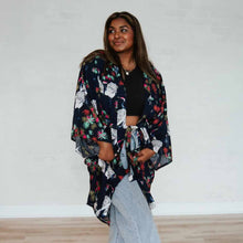 Load image into Gallery viewer, Navy Tropical Birds Tie Front Kimono
